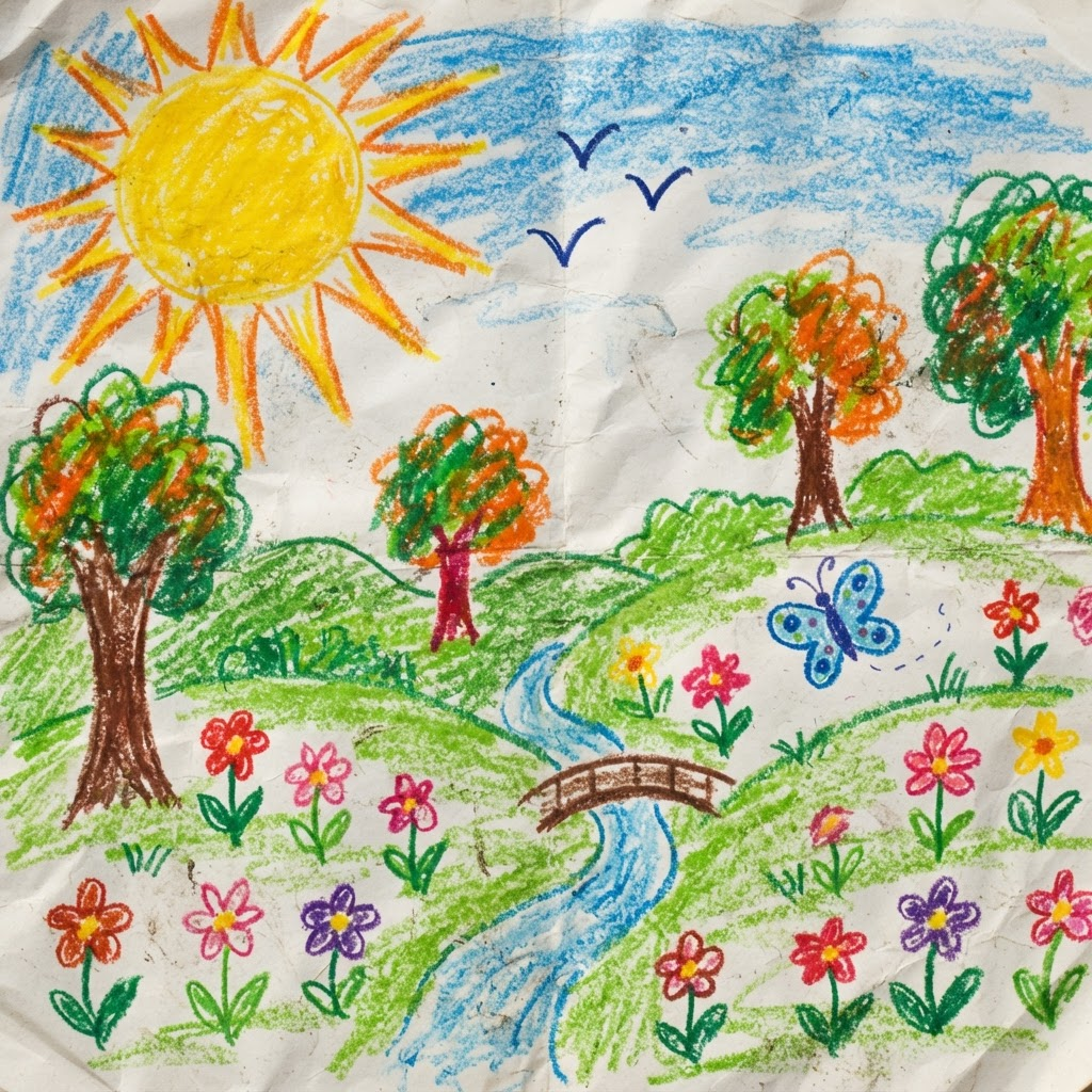 Bunte Kinderzeichnung mit Sonne, Bäumen, Blumen und einem Bach